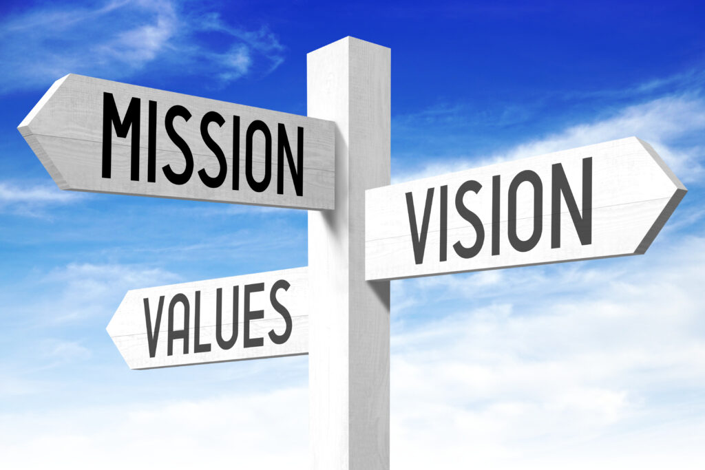 mission, vision, values signpost